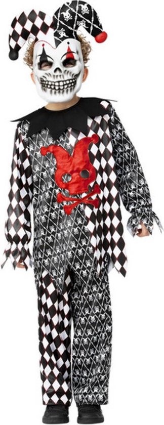 Smiffy's - Clown & Nar Kostuum - Ondeugende Grappenmaker Jester Kind Kostuum - Zwart / Wit - Large - Halloween - Verkleedkleding