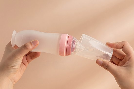 Life Nur - Biberon pressable avec cuillère - Couverts Bébé / Couverts pour enfants - Cadeau maternité - Baby shower - Rose - 120ml