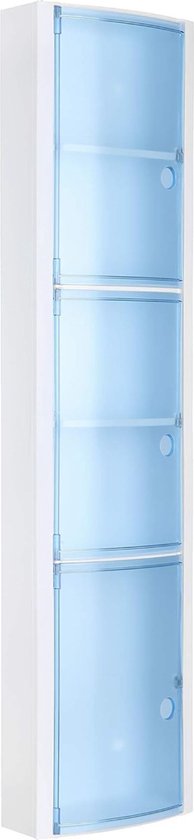 Verticale badkamerhulpkast met 3 deuren en 5 planken, polypropyleen kunststof, blauw, 22 x 11 x 90 cm