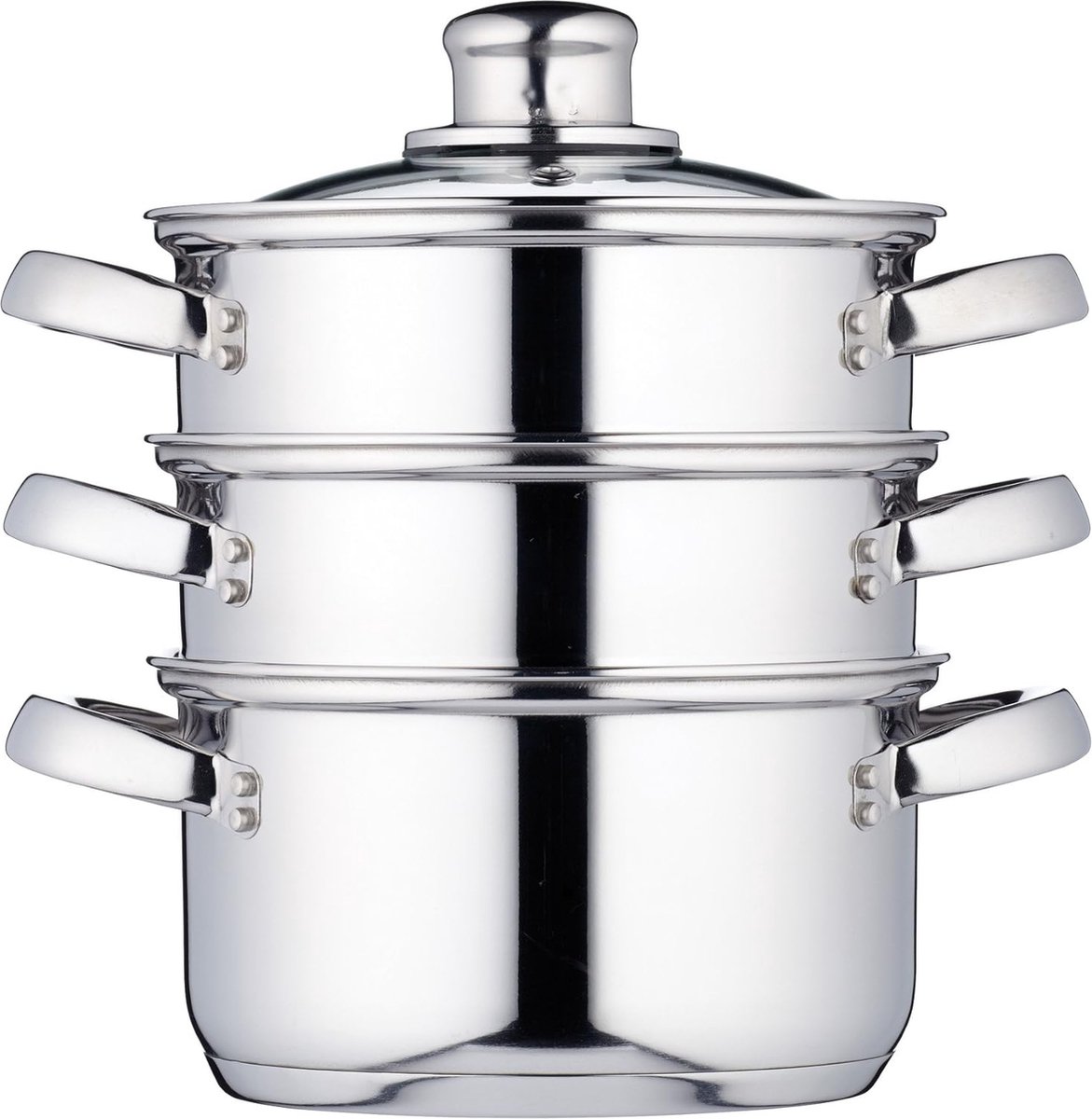 Cuiseur Vapeur En Acier Inoxydable 3 Niveaux 28 Cm - Compatible Induction, Avec Couvercle Verre, Pour Cuisson Saine
