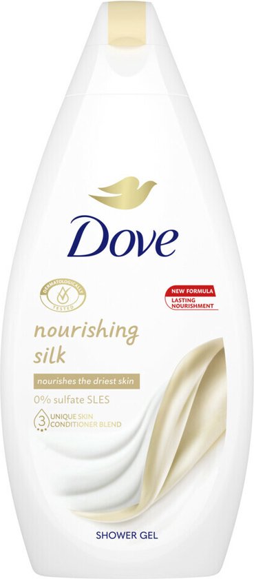 Dove Nourishing Silk douchegel, 450ml. Witte fles met gouden accents en een afbeelding van zijde.