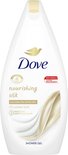 Dove Nourishing Silk douchegel, 450ml. Witte fles met gouden accents en een afbeelding van zijde.