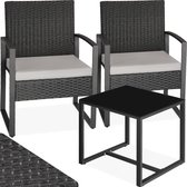 tectake® - wicker zitgroep 2x fauteuils met tafel, balkonmeubelset, tuinmeubelen, balkonmeubilair, kleine lounge, gestoffeerde stoelen inclusief buitentuintafel, weerbestendig - zwart