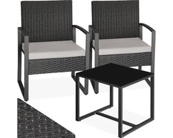 tectake® - wicker zitgroep 2x fauteuils met tafel, balkonmeubelset, tuinmeubelen, balkonmeubilair, kleine lounge, gestoffeerde stoelen inclusief buitentuintafel, weerbestendig - zwart - poly-rattan