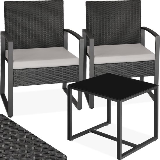 tectake® - wicker zitgroep 2x fauteuils met tafel, balkonmeubelset, tuinmeubelen, balkonmeubilair, kleine lounge, gestoffeerde stoelen inclusief buitentuintafel, weerbestendig - zwart - poly-rattan
