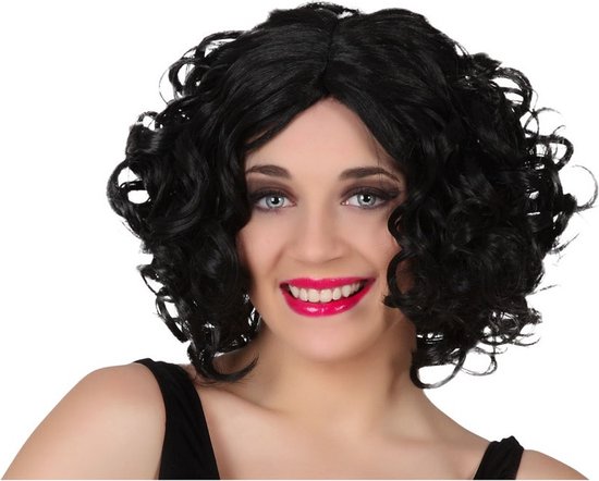 Atosa Verkleedpruik voor dames met krullend haar - Marylin - Zwart - Filmster/popster/jaren 20/30/40/50