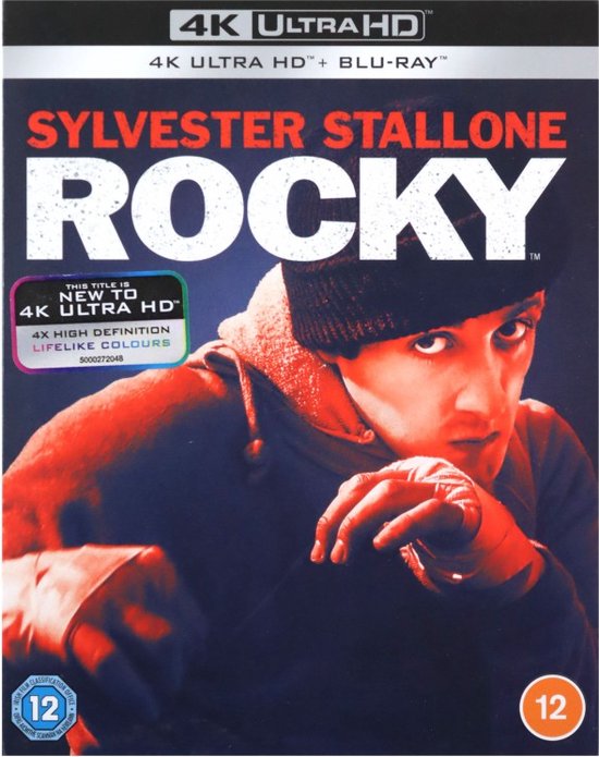 Sylvester Stallone als Rocky in een 4K Ultra HD en Blu-Ray hoes met bokshandschoenen.