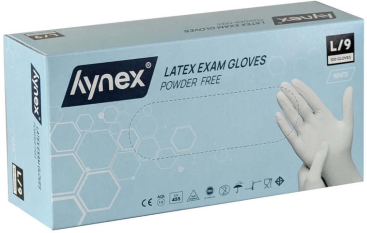 Goedkoopste Hynex latex handschoenen maat L Wit poedervrij - 5,0gr MD - 100/box
