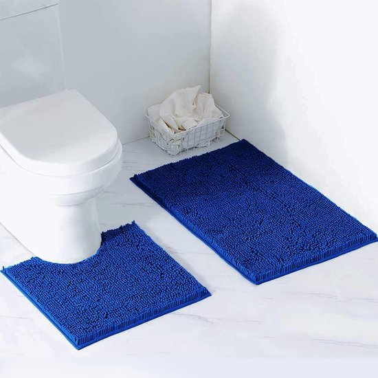 2-delige badmat set antislip voetstuk badmat, waterabsorberend, badkamerdeken, U-vorm toiletvoetmat, douchekleden (Blauw)