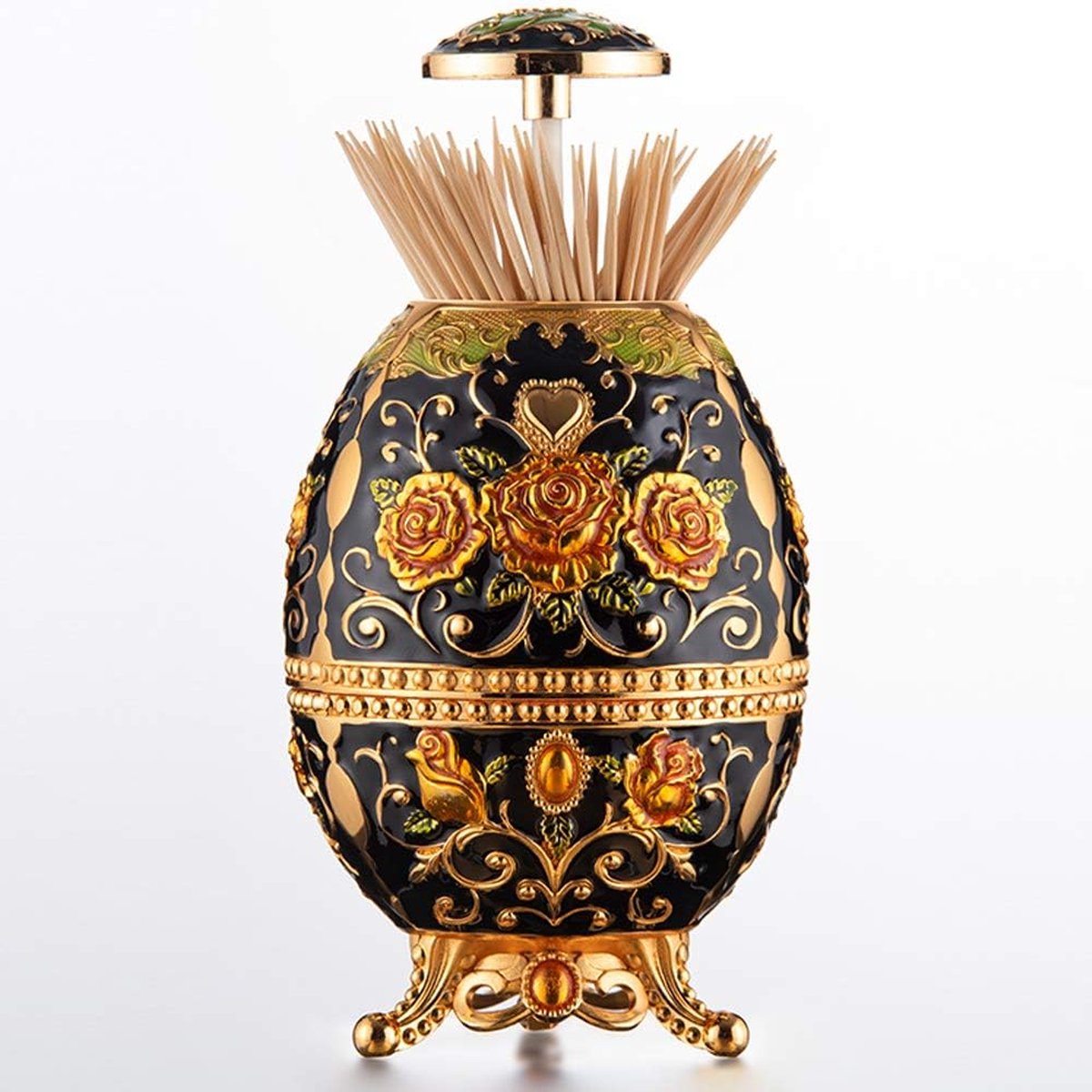 Goedkoopste Retro Style Decorative Tooth Holder Metal Tall Toothpick Dispenser With Feet Faberge Egg Style Toothpick Holder with Bottle Opener at Bottom (Black