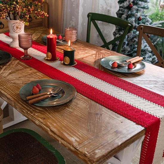 Chemin de table en macramé, coton et lin naturel, décoration de table pompon  en