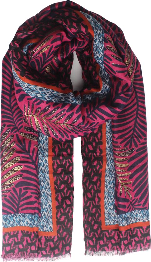 Fiona scarf- Accessories Junkie Amsterdam- Dames sjaal- Katoen- Bladprint- Cosy chic- Roze met gouden glitters