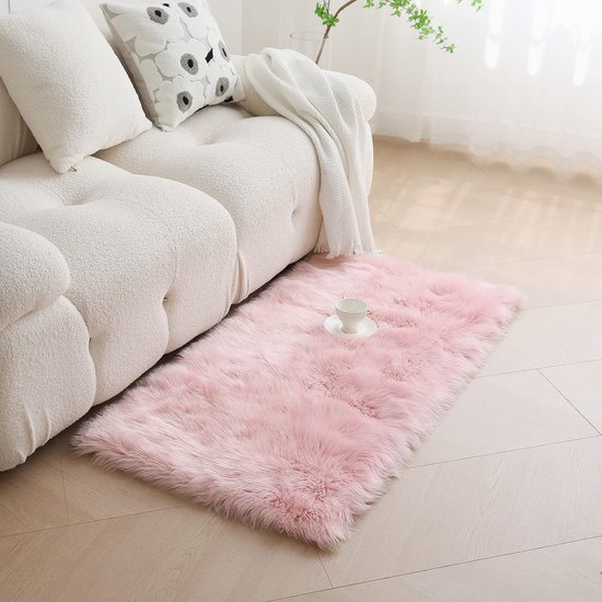 Tapijt van imitatiebont, shaggy tapijten, wasbare antislip pluizige matten ideaal voor slaapkamer woonkamer, roze/90 x 160 cm
