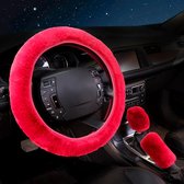 Bittwee Autostuurhoes, pluizige zachte pluche voor de winter warm, schattige stuurwielbeschermer met kattenoren, universeel 15 inch, elastisch en antislip, mooie auto-accessoires (zwart/rood