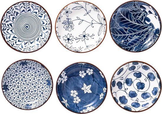 Lot De 6 Bols à Sauce En Céramique 9,2 Cm - Coupelles Décoratives Pour Sushi, Soja Et Vinaigre, Style Japonais Bleu Et Blanc