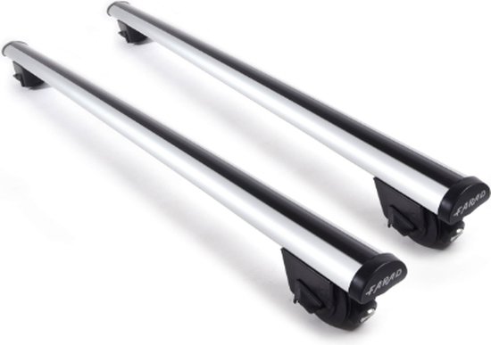 Deux barres de toit Farad en aluminium argenté avec raccords noirs, sur fond blanc.