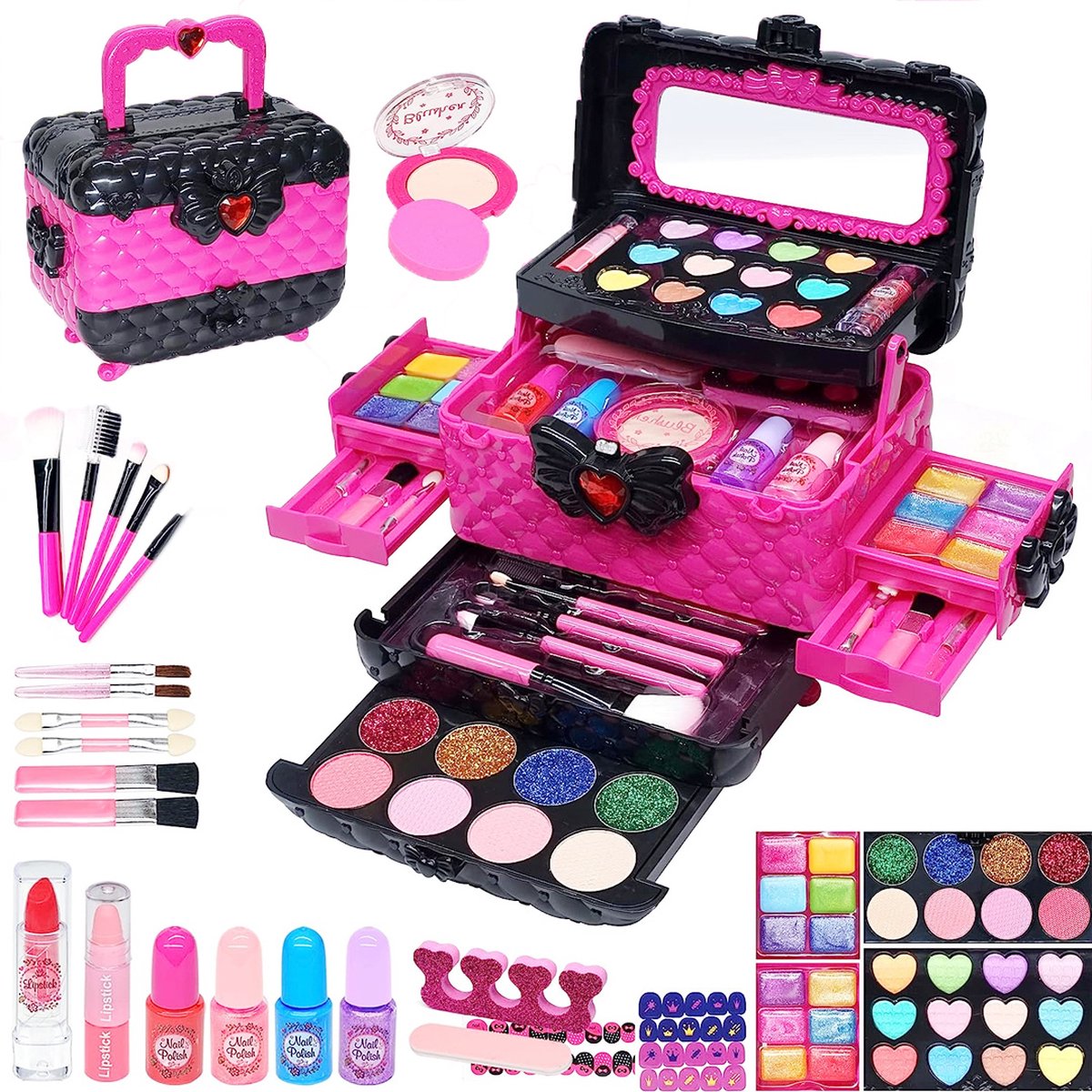 Make up Koffer Meisjes - Kinder Speelkoffer - Makeupset voor Kinderen- Roze met Zwart - Nagellak - 43delige - Lippenstift - Wenkbrauwborstel