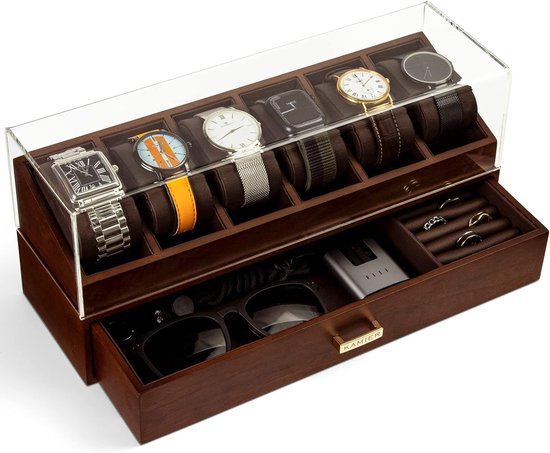Horlogebox voor heren, met 6 vakken, echt houten horlogekoffer, 2 niveaus, horlogekast met uitneembaar horlogekussen en lade, geschenken voor vader en vriend, walnoot