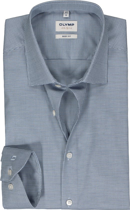 OLYMP Level 5 body fit overhemd - structuur - donkerblauw met wit en lichtblauw mini dessin - Strijkvriendelijk - Boordmaat: 39
