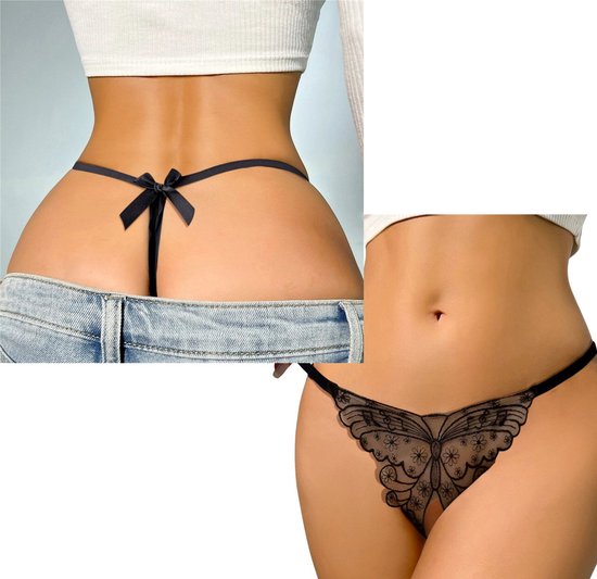 Sexy G-String met Vlinder - Open Kruis - Zwart - Erotisch Design met Kant - Dames String - Lingerie / Ondergoed - Maat M