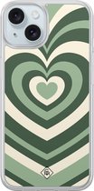 Casimoda® hoesje - Geschikt voor iPhone 15 - Groen Hart Swirl - 2-in-1 case - Schokbestendig - Illustratie - Verhoogde randen - Groen, Transparant