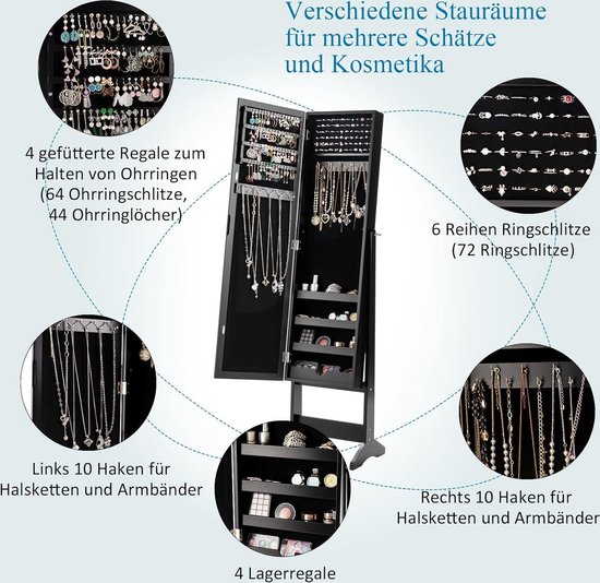 COSTWAY Sieradenkast met spiegel over de volledige lengte, sieradenorganizer met spiegel en geïntegreerde ledlampen, opvouwbaar make-up-rek, verstelbare hellingshoeken (bruin