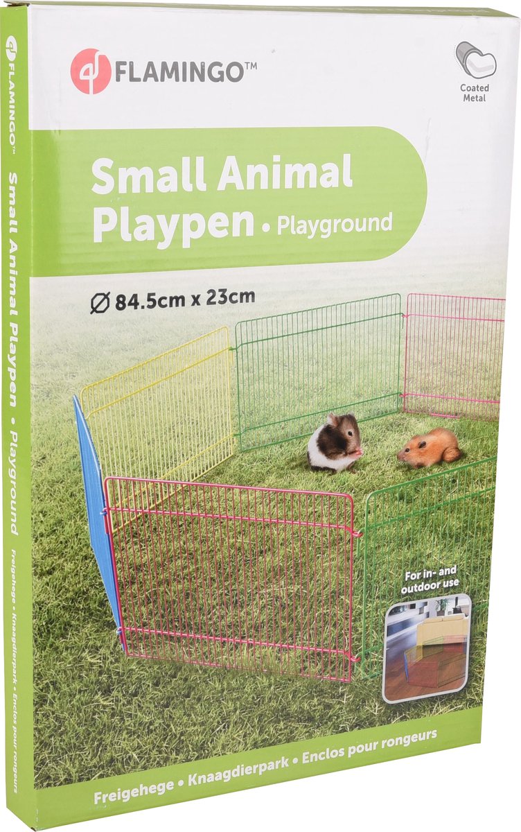 Konijnenren – knaagdierren – Flamingo Ren Meerkleurig – Ø84,5cm hoogte 23cm – 8 panelen – metaal – 1 deur met haaksluiting – opvouwbaar – voor kleine knaagdieren – binnen en buiten thumbnail 2