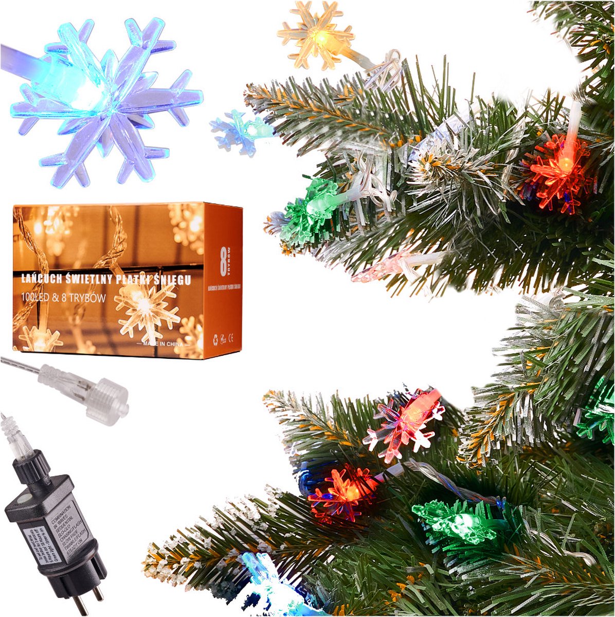 MOZY - Kerstverlichting - Sneeuwvlokken - 10 meter - Multicolor - 100 Lichtjes - 8 Standen - Koppelbaar - Meerkleurig - Kerstdecoratie - Lichtsnoer - Sneeuwvlok - Winter - Kerstboom - Kerstversiering