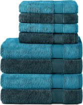 Set van 8 handdoeken van 100% katoen, 4 badhanddoeken 70x140 en 4 handdoeken van 50x100 cm, badstof, zacht, groot, turquoise/petrol