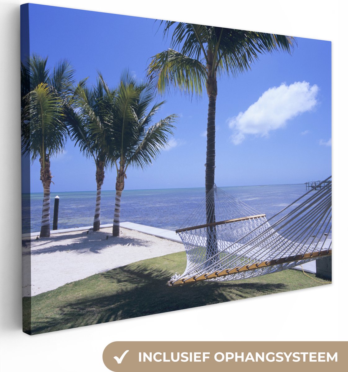 Canvas Schilderij Zee - Hangmat - Palmboom - 40x30 cm - Wanddecoratie