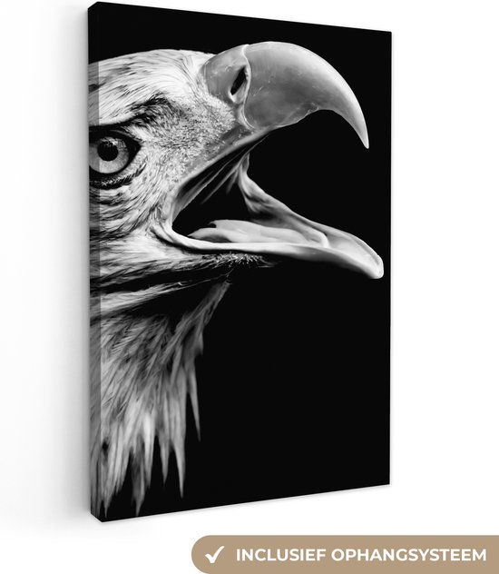 Canvas - Adelaar - Dier - Snavel - Natuur - Zwart-wit - Vogel - Canvas schilderij - Muurdecoratie - 40x60 cm - Foto op canvas