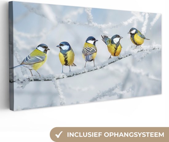 Canvas - Schilderij - Vogel - Koolmees - Winter - Sneeuw - Takken - Schilderijen op canvas - Canvas doek - 40x20 cm - Wanddecoratie vogels