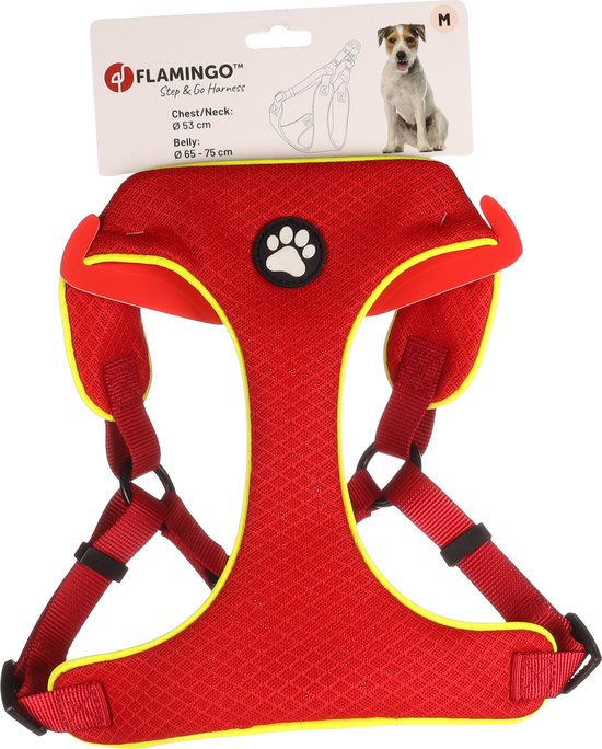 Roodhonden tuigje met gele bies en een pootafdruk. Maat M, Borst/nek Ø 53 cm, Buik Ø 65 - 75 cm.