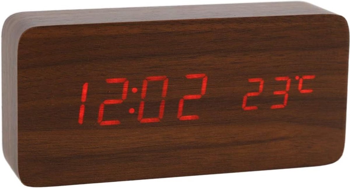 Houten clock Digitaal 3 Set Alarm Spraakbesturing Mode Bureau-wekker Met Temperatuurweergave Voor Thuiskeuken Kantoor Bureauklok AC11 Brown_Red