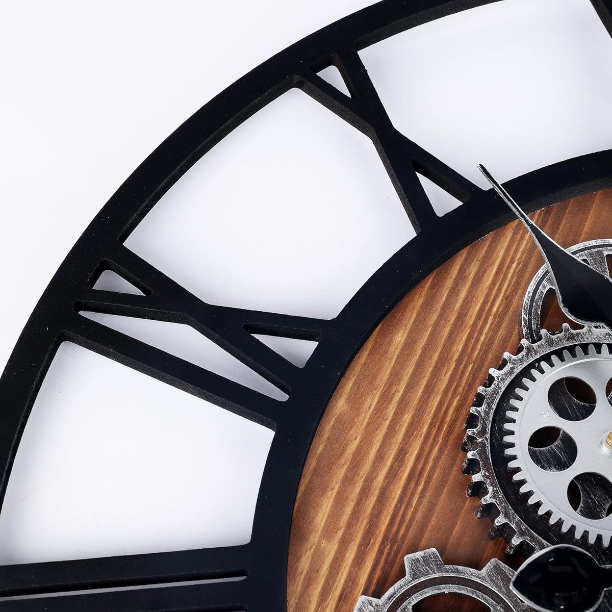 Houten Grote Industriele Zwarte Wandklok met Draaiende Tandwielen Rond 57 cm Romeinse Cijfers Decor Muurklok voor Woonkamer Slaapkamer Bar — cadeau in Wonen & Interieur - foto 3