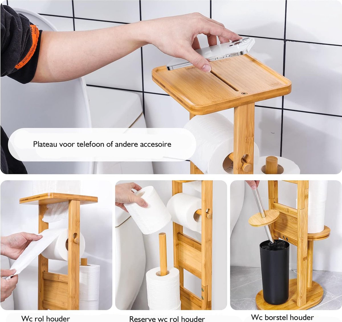 Rainsworth Toiletrolhouder, staand, bamboe, met opbergruimte voor 4 rollen, 2-in-1 houten wc-papierhouder, staand met deksel en plank, milieuvriendelijke toiletrolhouder