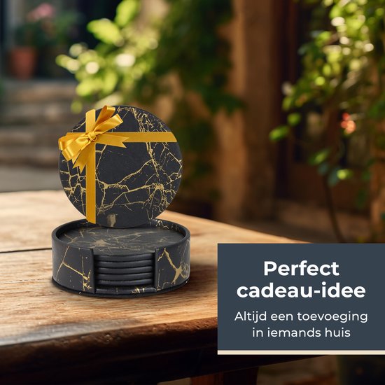 Sous-verres en cuir Castagnola avec support - Sous-verres de verre pour Verres - Design de Sous-verres - Ensemble de sous-verres - Sous-verres de verre - Cuir - Sous-verres en cuir - Set de 6 - Zwart/ Or