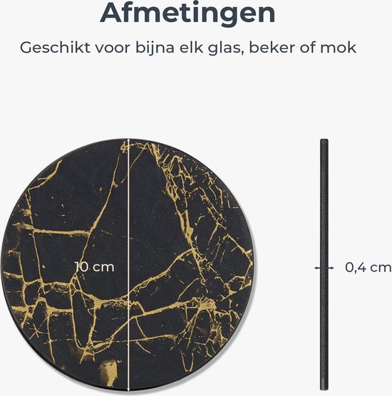 Sous-verres de verre Castagnola en similicuir avec support - Sous-verres de verre pour Verres - Design de Sous-verres - Ensemble de sous-verres - Sous-verres de verre - Similicuir - Sous-verres en cuir - Set de 10 - Zwart/ Or
