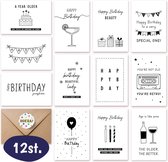 Verjaardagskaarten met Envelop & Sticker - 12 Stuks - Luxe/Rustieke Design - Papier - Wenskaarten & Enveloppen - Verjaardag Cadeau Vrouw & Man
