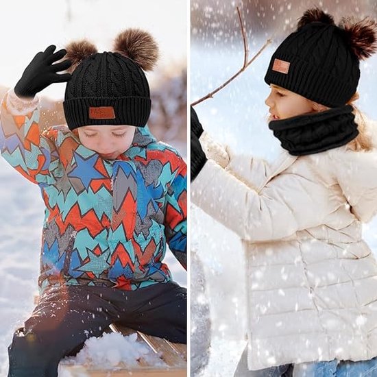 Bonnet d'hiver 3 en 1 Zwart pour enfant, écharpe, gants, bonnet en tricot  thermique