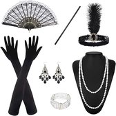 7 stuks jaren 20-kostuum voor dames, jaren 20-accessoires, flapper-accessoires in Great Gatsby-stijl, accessoires met hoofdband, handschoenen, halsketting, armband, oorbellen, kant, vouwwaaier