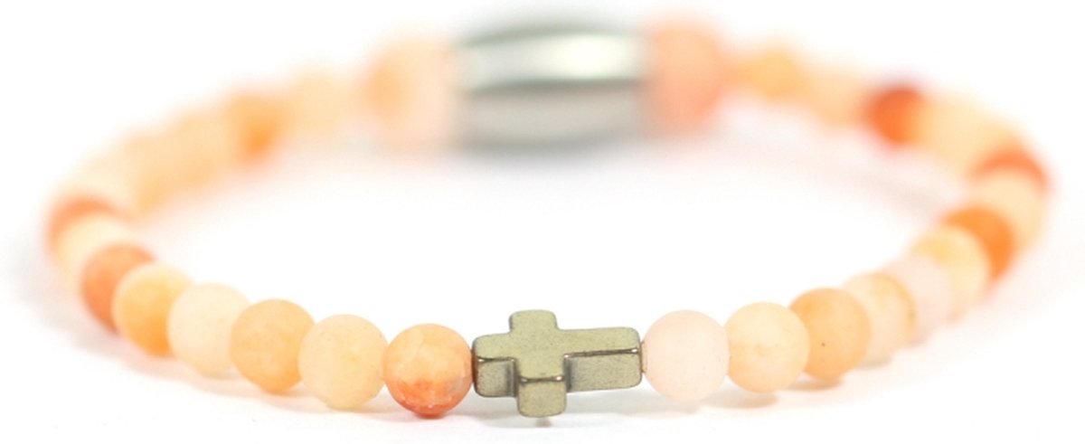 Ibizamen KIDS - jongens - armband - edelsteen - aventurien - oranje - 4mm - hematiet kruis - 15cm