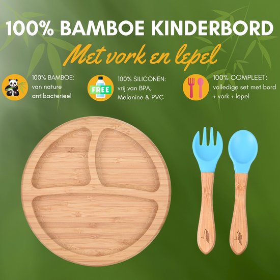 Pencilluxe® Rond Bamboe Baby Bord (Blauw) - Baby Cadeau - Kinderservies set - Zuignap - Kinderbord - Baby servies - Baby bestek - Melamine & BPA-vrij - Vakjesbord - Kraammand - Kraamcadeau - Babyshower cadeau - Baby - Geboorte Cadeau - Kraamvisite van Pencilluxe® — afbeelding 2