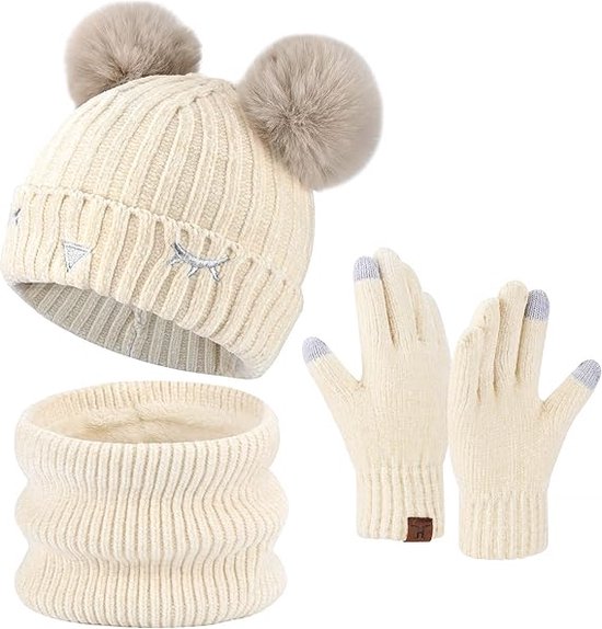 Ensemble hiver 3 pièces - Crème - 3 à 10 ans - Bonnet avec pompon, écharpe, gants tactiles pour enfant - Ensemble 3 pièces fille et garçon