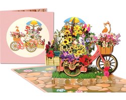 Popcards popupkaarten - Wauw! Vrolijke fiets vol bloemen, met hond en poes Bloemist Bloemenkraam Driewieler pop-up kaart 3D wenskaart