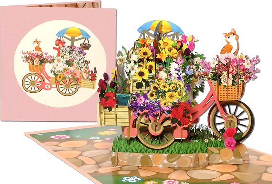 Foto: Popcards popupkaarten wauw vrolijke fiets vol bloemen met hond en poes pop up kaart 3d wenskaart