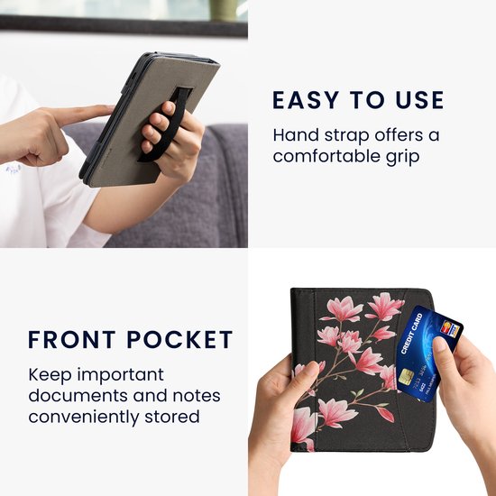 kwmobile flip cover geschikt voor Pocketbook Era / Era Color - Hoes met handgreep en voorvak voor e-reader - Book case in poederroze / wit / zwart - Magnolia design van Merkloos — afbeelding 4