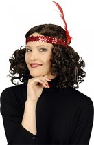 Chaks Charleston hoofdband - met pauwen veer en kraaltjes - rood - dames - jaren 20 thema