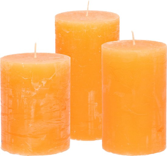 Stompkaarsen/cilinderkaarsen set - 3x - oranje - rustiek model