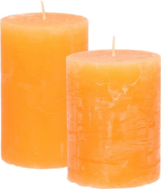 Stompkaarsen/cilinderkaarsen set - 2x - oranje - rustiek model